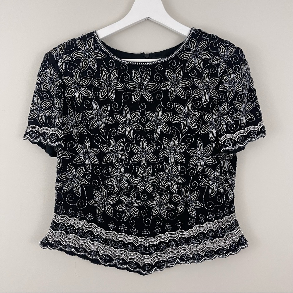 Adrianna Papell Boutique 100% Silk Floral Beaded Crop Length Formal Top